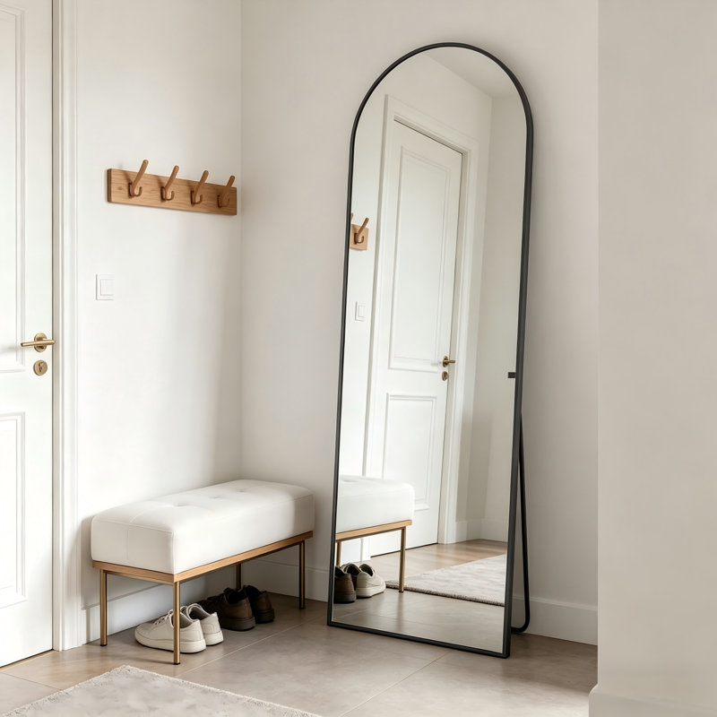 59×16 Inch Black Arched Full-Length Mirror, Wall-Mounted Or Tilted Hanging, Or Floor-Standing And Versatile.