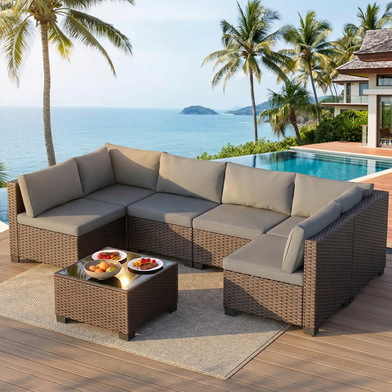 7-Person Wicker Patio Seating Group with Cushions, Gray Cushion