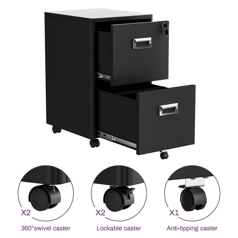 Ecobet Metal 2 -Drawer Mobile File Cabinet Office Storage Cabinet with Lock, Black