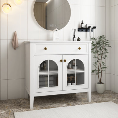 Lavabo de salle de bain Mid-Century en panneau de fibres à densité moyenne avec verre à motif et bande lumineuse à capteur de mouvement, lavabo sur pied Farmhouse avec rangement, blanc
