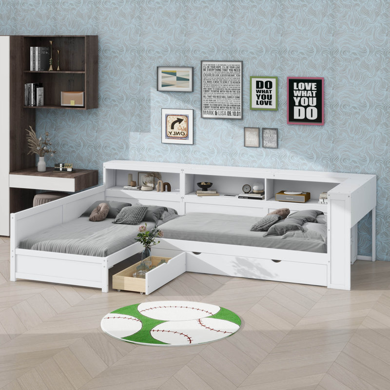 Structure de lit simple en L avec lit gigogne et tiroir de rangement simple, Blanc