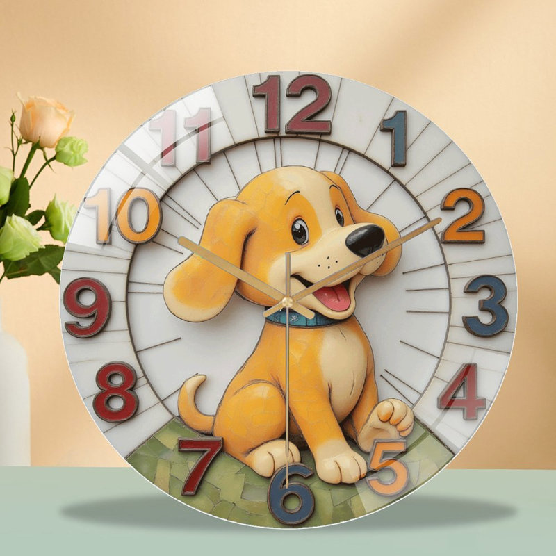 Horloge murale mignonne chien pour décoration intérieure - Horloge murale moderne en verre 12 po