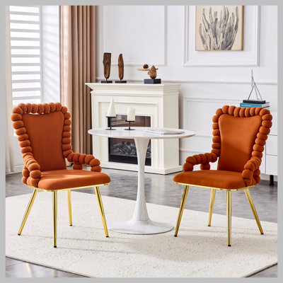 Ensemble de 2 chaises de salle à manger en velours brun avec chaîne dorée et pieds dorés, chaises d'appoint rembourrées avec accoudoirs pour la salle à manger et la cuisine