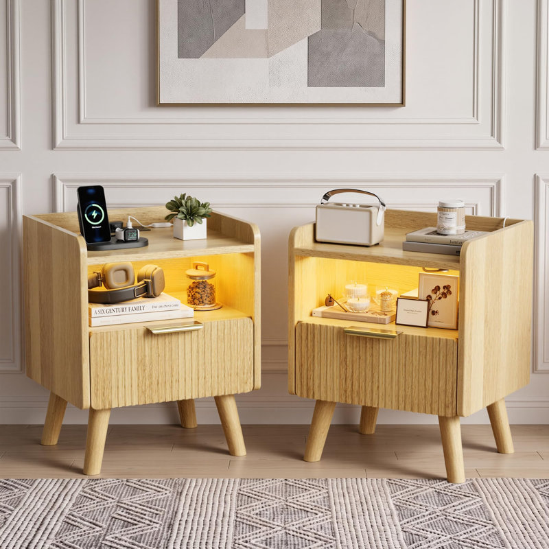 Oak Bedside tables Set of 2, LED Lights and Charging Station