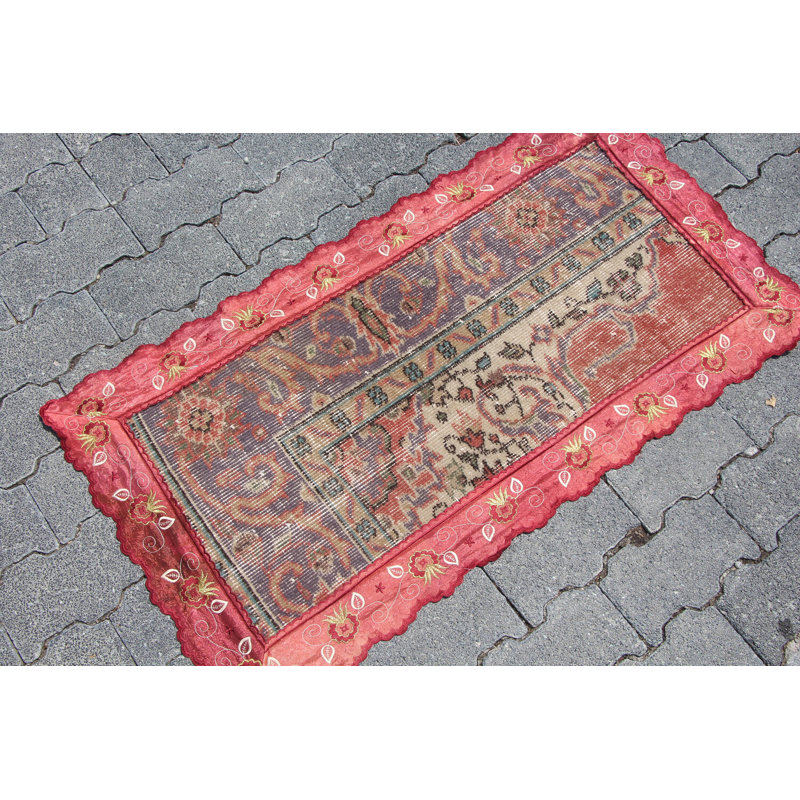 Vintage Turkish Oushak Rug - Small Red Antique Decorative Wool Bath Mat for Entryway