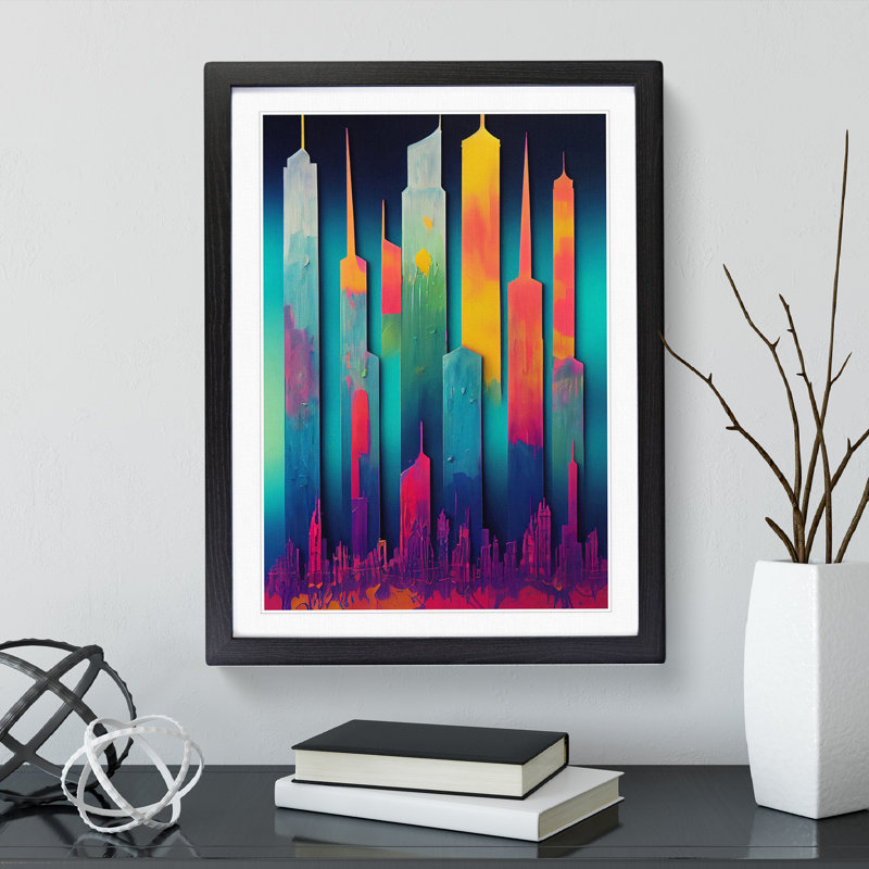 Colourful City Skyline No.3 - Painting, 66cm H x 48cm W x 2cm D, Black Framed, White