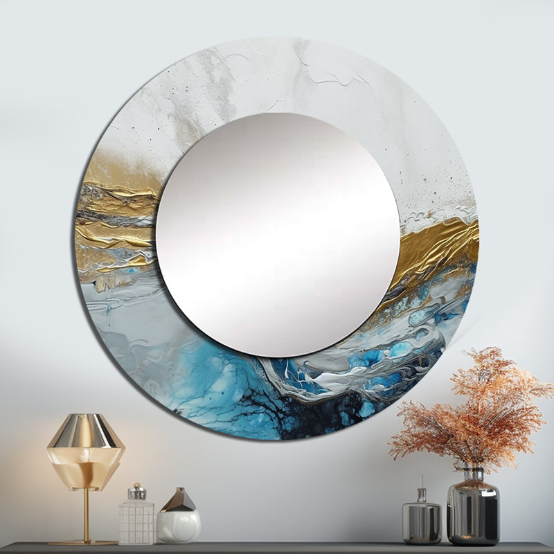 Raburn gris doré moderne abstrait contemporain IV - marbre unique miroir mural, miroir rond moderne, impression sur métal