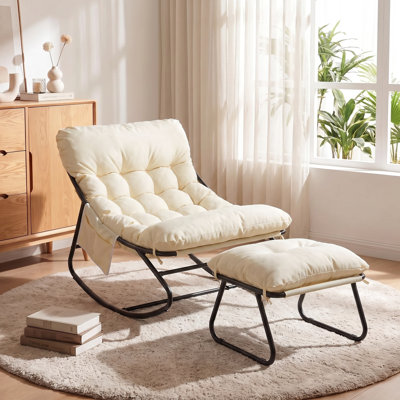 Outdoor/Indoor Papasan Rocking Chair with Ottoman, Lounge Chair with Cushion & Sturdy Metal Frame, Patio Rocker Chair for Balcony Backyard Porch Bedroom, Beige