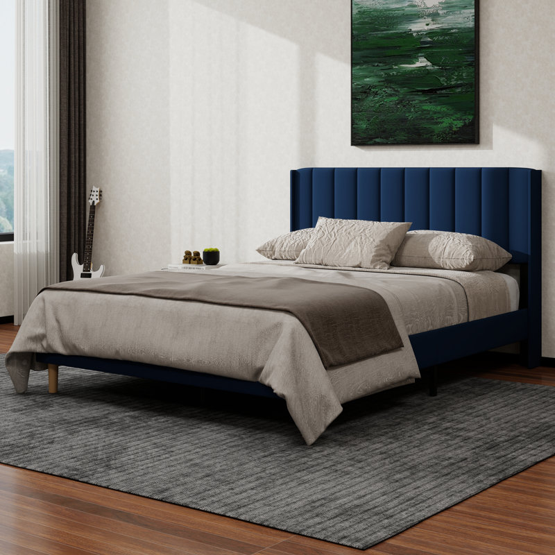 Structure de lit plateforme tapissier avec oreilles, Grand lit, Bleu