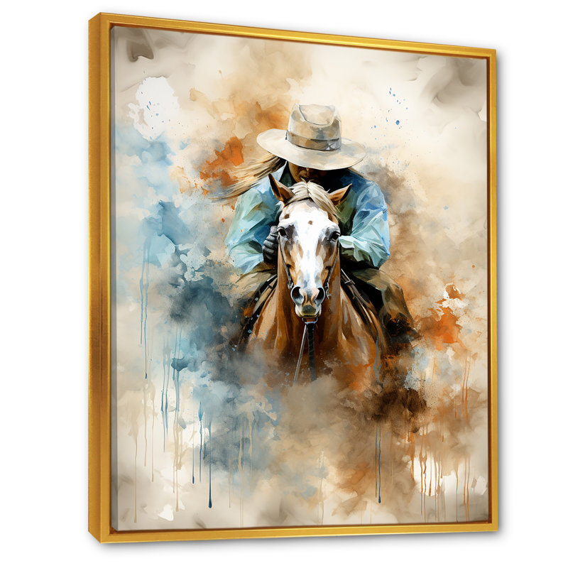 «Cowboys avec cheval» - art mural Cowboys, Cadre flottant doré, H 32 po x l 24 po x P 1 po