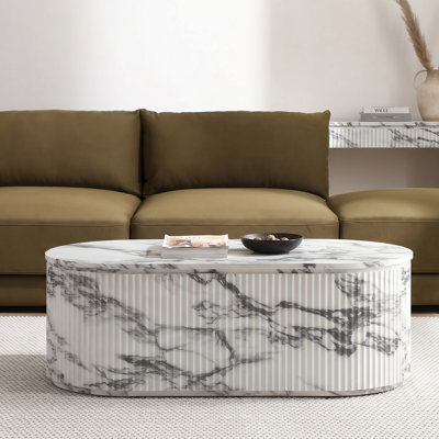 Modern Oval Marble Veneer Coffee Table With Fluted Ribbed Sides - Faux Marble Finished, Textured Sculptural Base, Minimalist Living Room Center Table - Fully Assembled - 47.2"W