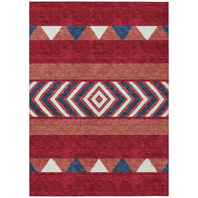 9' X 12' Red White And Navy Blue Southwestern Washable Indoor Outdoor Area Rug
