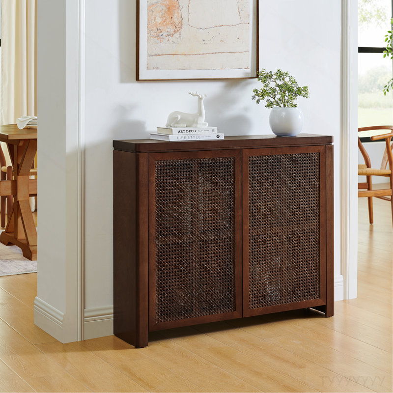 39.4" Mid Century Modern Rattan Sideboard Buffet Cabinet With 2 Outlet Holes, Coffee Bar Wine Bar Credenza, Retro Storage Cabinet For Entryway, Hallway, Living Room, Kitchen, Dining Room, Walnut