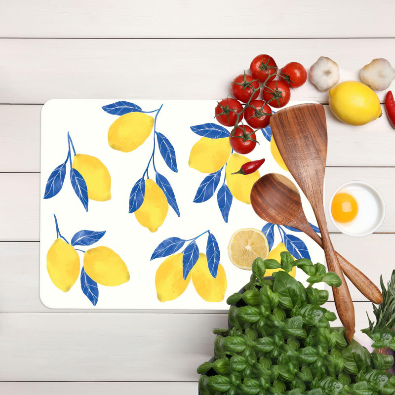 Planche à découper en verre à motif de citron bleu et jaune avec un motif de feuille moderne pour un transport et un service faciles
