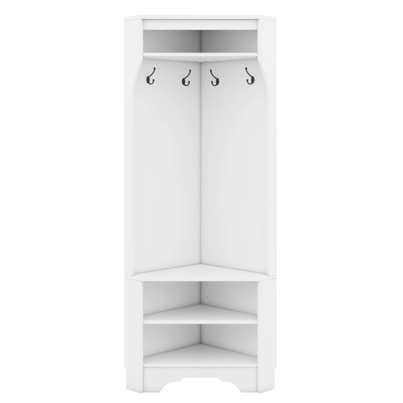 Corner Hall Tree With Shoe Bench, Versatile Entryway Coat Rack With 4 Hooks, Adjustable Shoe Shelf, White