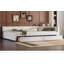 Grand lit plateforme tapissier avec USB et 2 tiroirs, beige