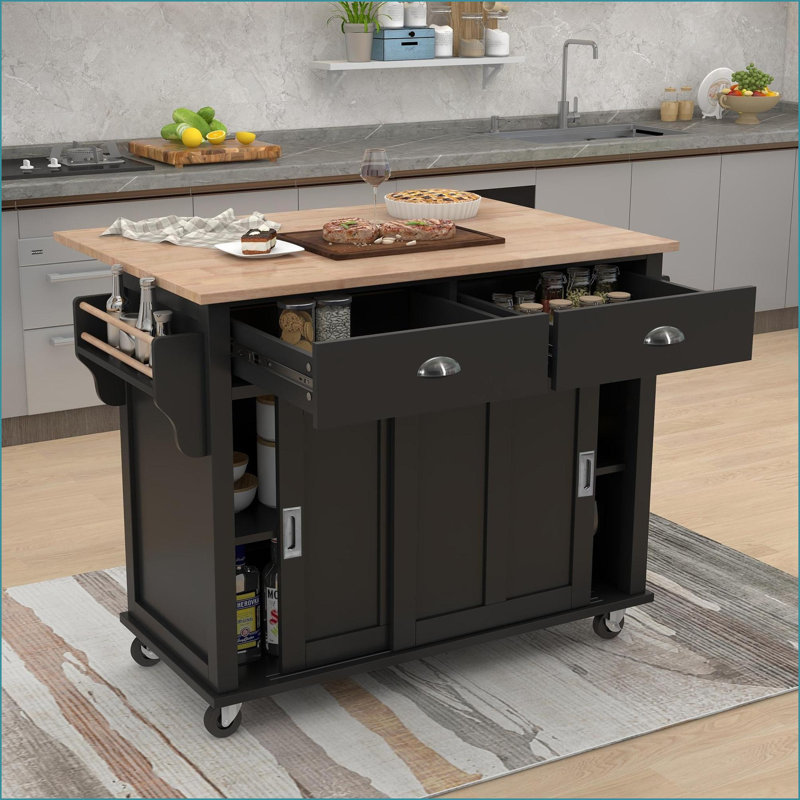 Chariot pour îlot de cuisine avec abattant en bois d'hévéa, porte de grange coulissante et amp; Rangement | Noir | Panneau de fibres à densité moyenne