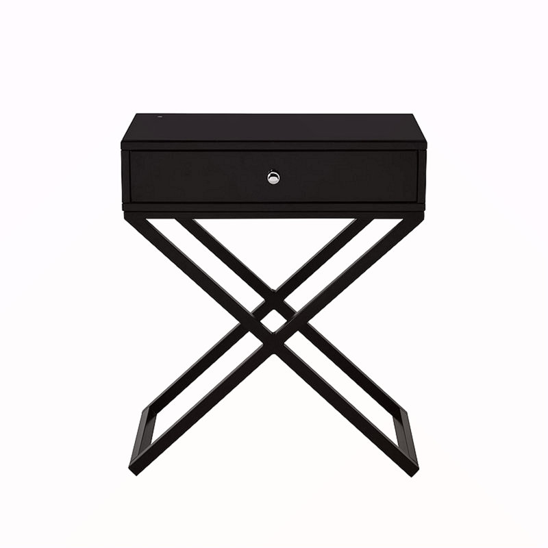 Table de chevet 23 po en bois avec plateau en verre, tiroir et base en métal, Noir