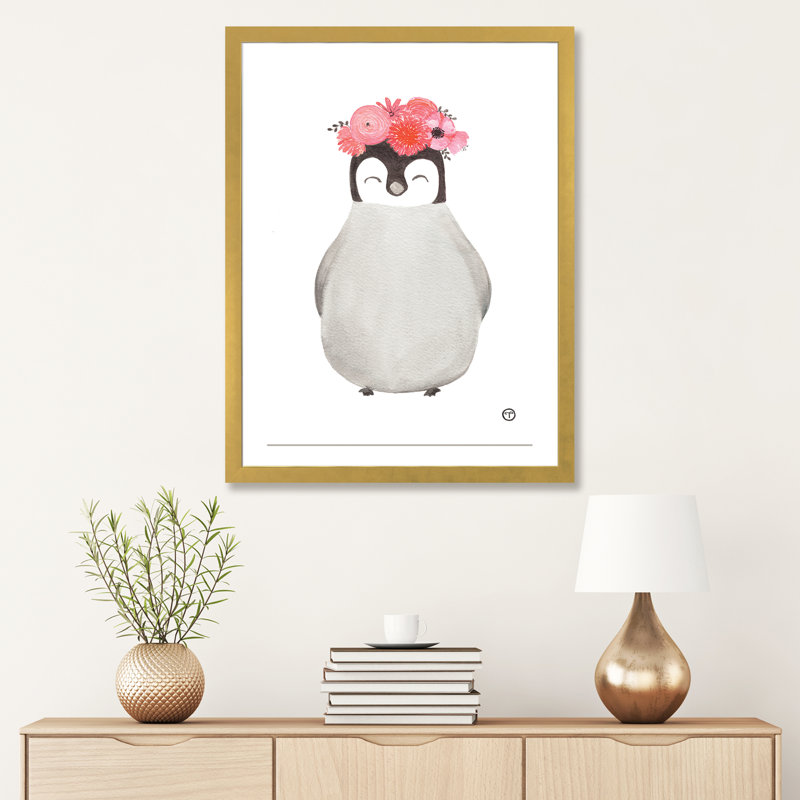 Art pingouin, H 32 po x l 24 po x P 1 po, Papier encadré doré