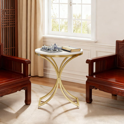 Table d'appoint ronde moderne avec plateau en faux marbre et pieds en métal doré, table de chevet pour le salon et la chambre à coucher, assemblage facile et conception peu encombrante