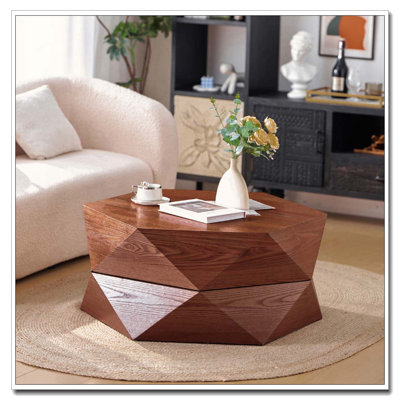 Table basse 36,61 po style rétro Polygon, table basse cylindrique en placage de bois massif
