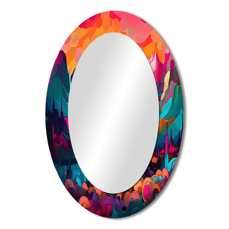 Peytan Vibrant Sunset Shining Over Mountains III - Mountains Decorative Mirror, Orange Wall Mirror, Printed Metal Art, Oval