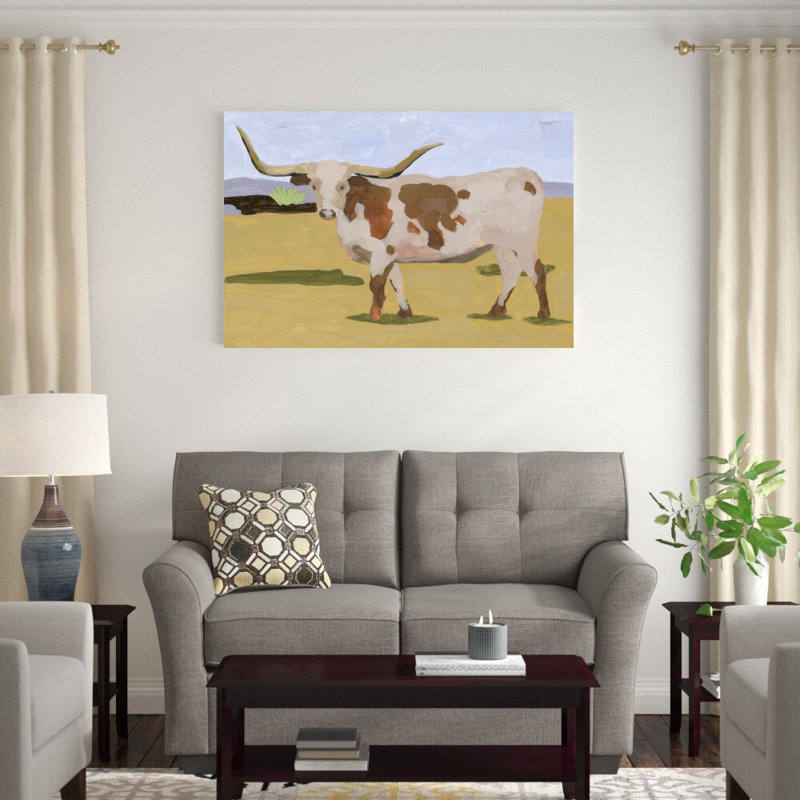 «Longhorn Bétail I» par Melissa Wang - peinture sur toile tendue, H 32 po x l 48 po