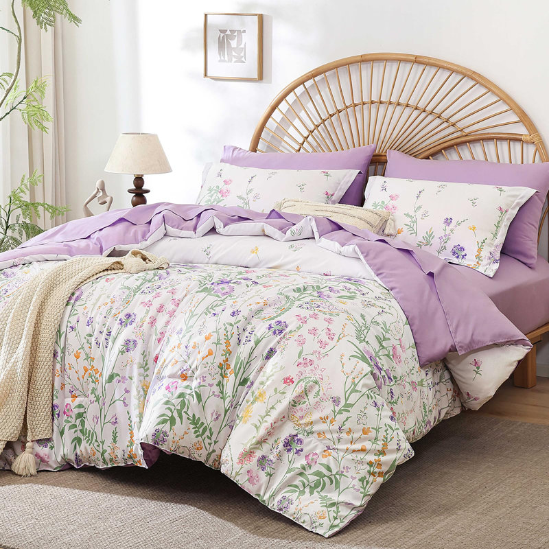 7-Piece Floral Botanical Comforter Set Soft Microfiber Complete Bedding Set for All Season, Purple