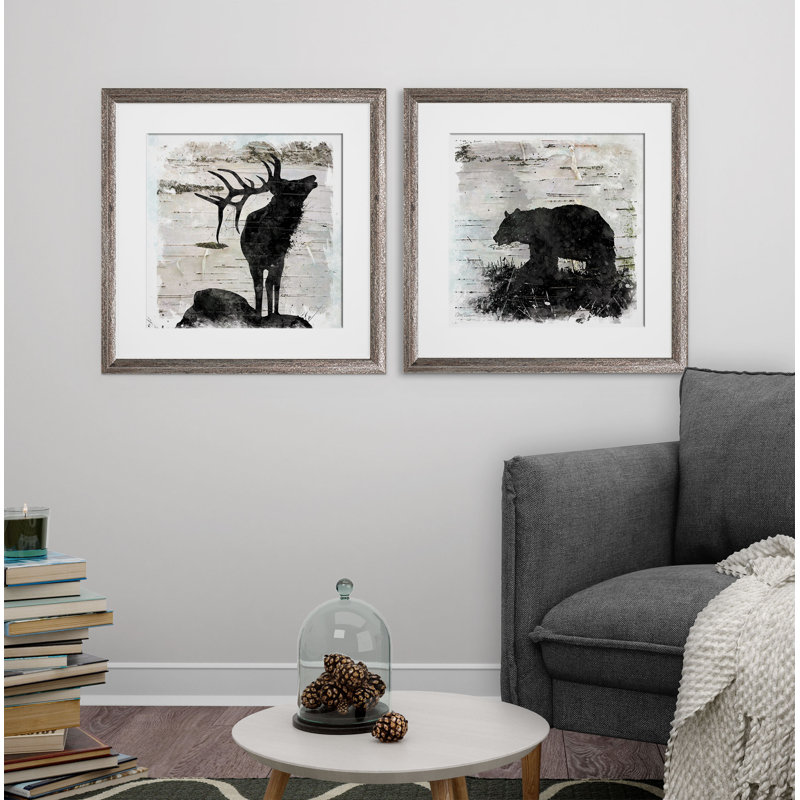 « birchbark elk & bear », ensemble de 2 reproductions d’art encadrées, Cadre brun