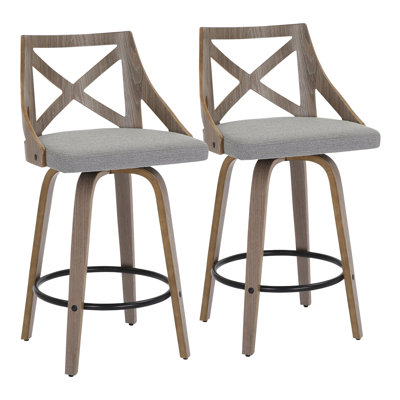 Tabouret de comptoir à hauteur fixe en bois gris clair et tissu gris - ensemble de 2