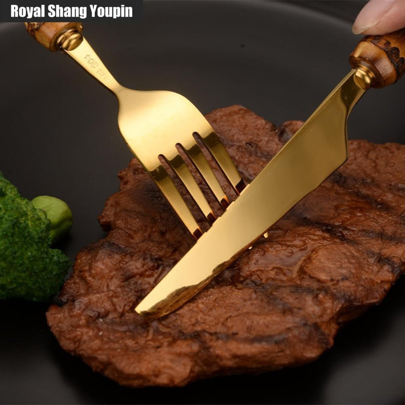 Ensemble de couverts en acier inoxydable avec poignées en bambou de qualité supérieure - Vaisselle de cuisine durable, résistante à la rouille et lavable au lave-vaisselle