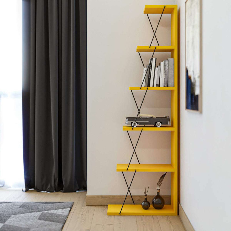 Modern Yellow Bookshelf with Metal Frame, 19.7 x 59.1 x 8.7 inches | 100% Melamine Coated Particle Board, Thickness: 0.7 inches | Stylish Storage Solution for Home & Office, Sleek and Functional Design