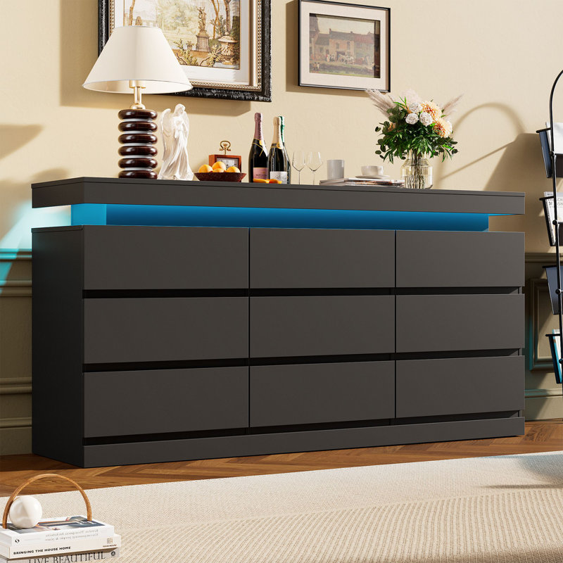 Commode 12 tiroirs pour la chambre à coucher - Commode de 63 po de largeur avec lumière DEL et station de charge, grand meuble télé multifonctionnel pour le salon, le vestibule, le couloir, noir