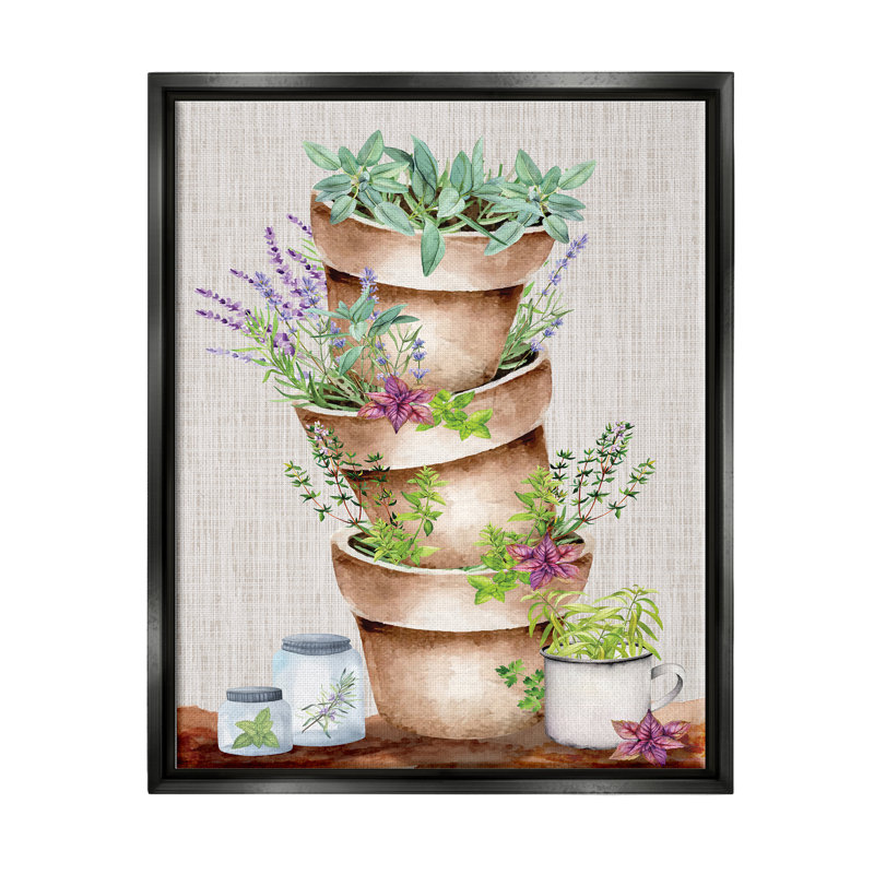 «Stacked Pots Herbs Garden Floater», art mural par ND Art, Cadre flottant noir de jais, H 21 po x l 17 po x P 1,7 po