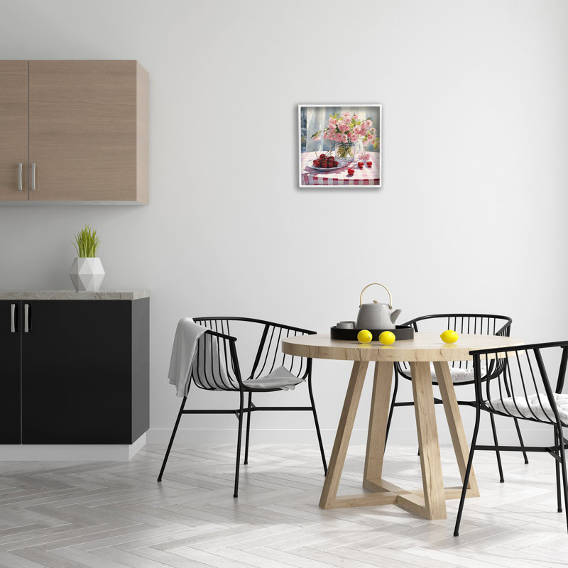 «Spring Still Life on Plaid», estampe numérique encadrée par RB, H 17 po x l 17 po, Giclée encadrée blanc bord de mer