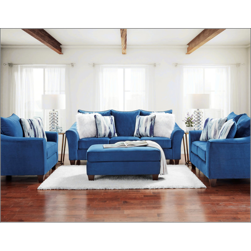 Fabric 4-Piece Neutral Textured Living Room Sofa Set, Navy Blue Polyester