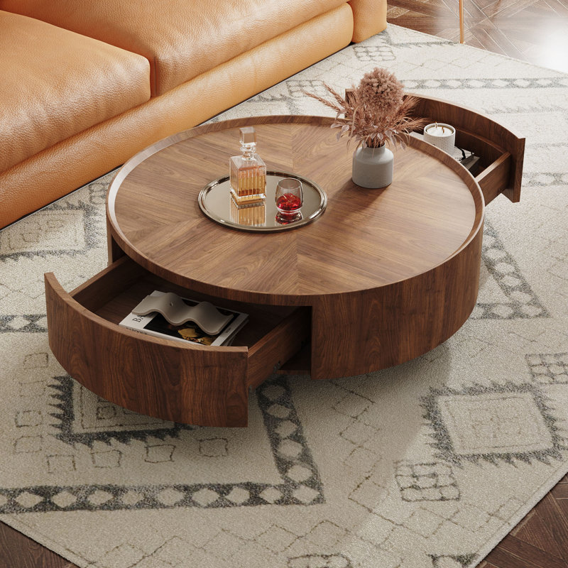 Walnut Wood Grain Pattern Round Coffee Table With Dual Drawers For Living Room, 12.6" H x 31.5" L x 31.5" W