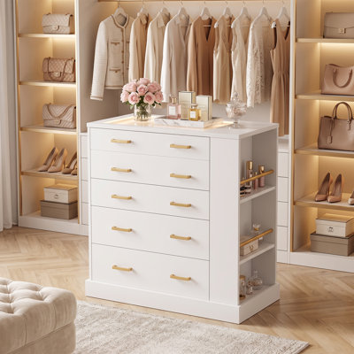 Drawer Dresser with Open Side Storage & LED Lights, 5 Drawers Cabinet with Tempered Glass Top and Jewelry Organizer, Wardrobe Closet Island, Ideal for Livingroom,Bedroom, White
