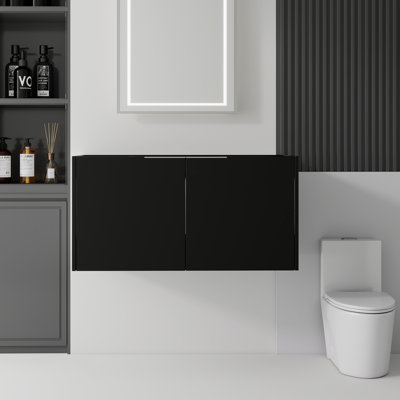 Meuble-lavabo mural en contreplaqué noir avec portes doubles à fermeture amortie, meuble seulement