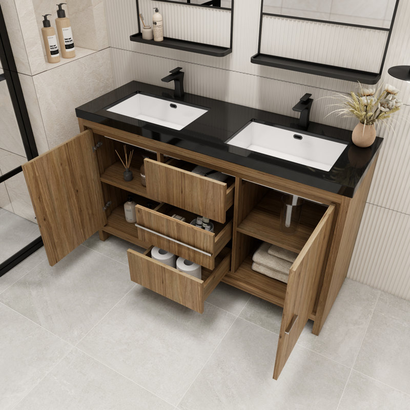 Ensemble de meuble-lavabo double 60 po Bayyinahi, Chêne naturel