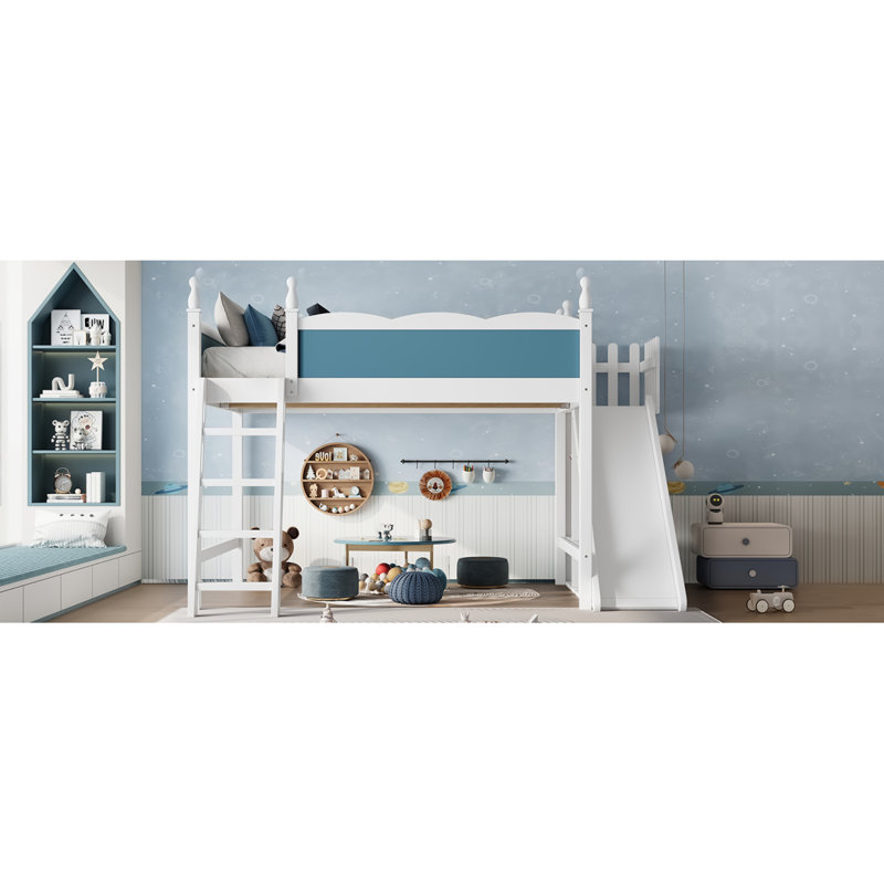 Grand lit mezzanine avec tablettes de rangement et garde-robe, lits mezzanine en bois massif avec glissières et échelles amovibles, aucune boîte à ressorts nécessaire, bleu et blanc (protection par brevet)