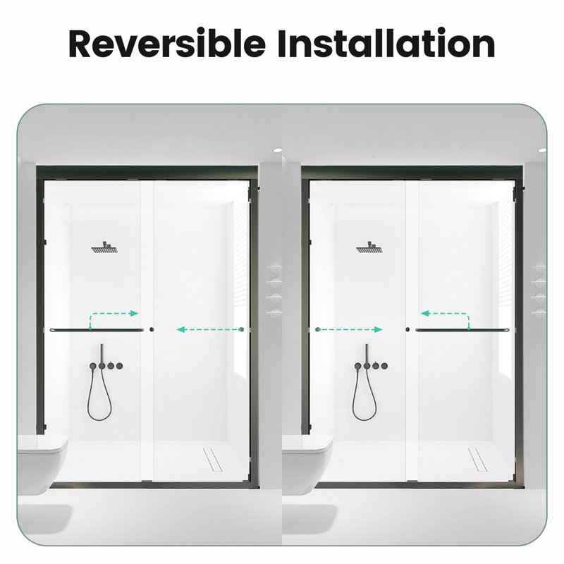 Porte coulissante double de 44 po à 48 po x H 72 po, verre trempé, noir mat, attrait pour salle de bain réglable Douche réglable de 44 à 48 po de hauteur H 72 po, disposition optimale de 1/4 po