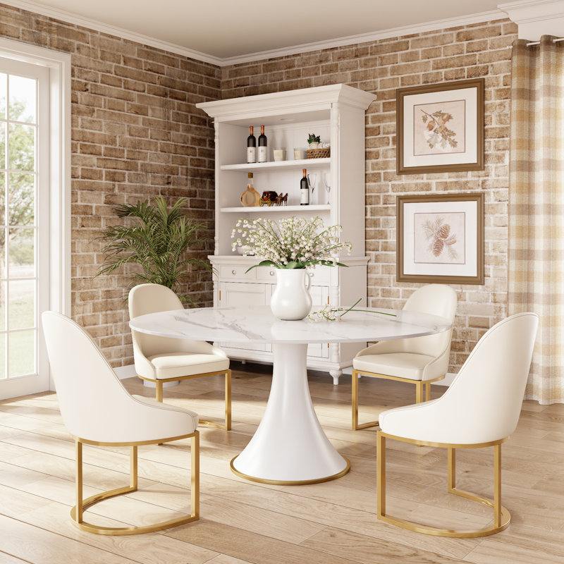 Ensemble de table ronde blanc pierre, 5 pièces: table, 4 chaises, H 29,52 po x l 47 po x P 47 po, Blanc neigeux
