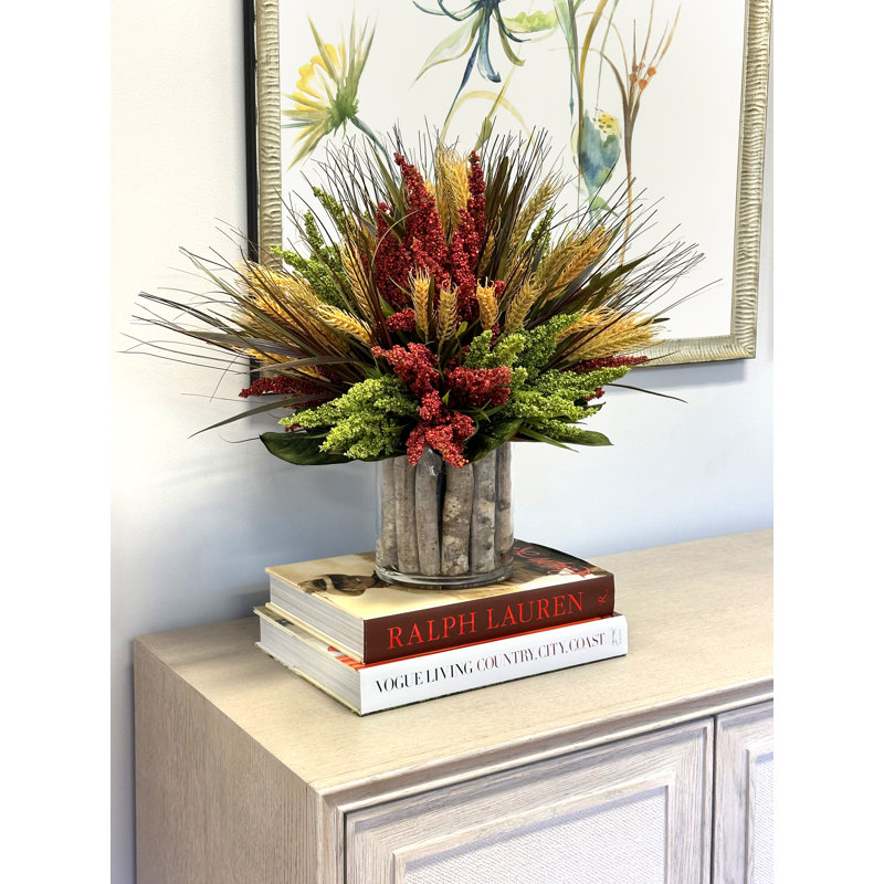 Heather and Wheat Fall Arrangement in Glass Vase with Birch