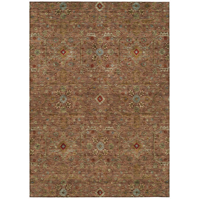 9' X 12' Brown Red And Green Floral Washable Indoor Outdoor Area Rug