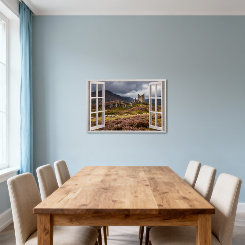 Paysage, nature, château, ruines, montagnes, moutons, champ, bruyères, ciel, fenêtre, H 12 po x l 18 po