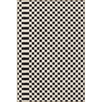 Black Checkered Geometric Woven Base Washable Rug