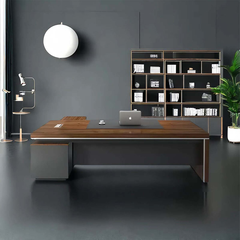 Iser Office computer desk, walnut and dark grey modern executive desk with side lockers