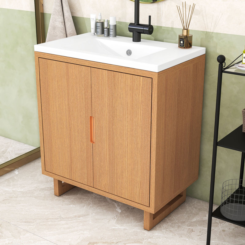 Meuble-lavabo de 30 po avec lavabo encastré et portes à fermeture douce, Bois massif