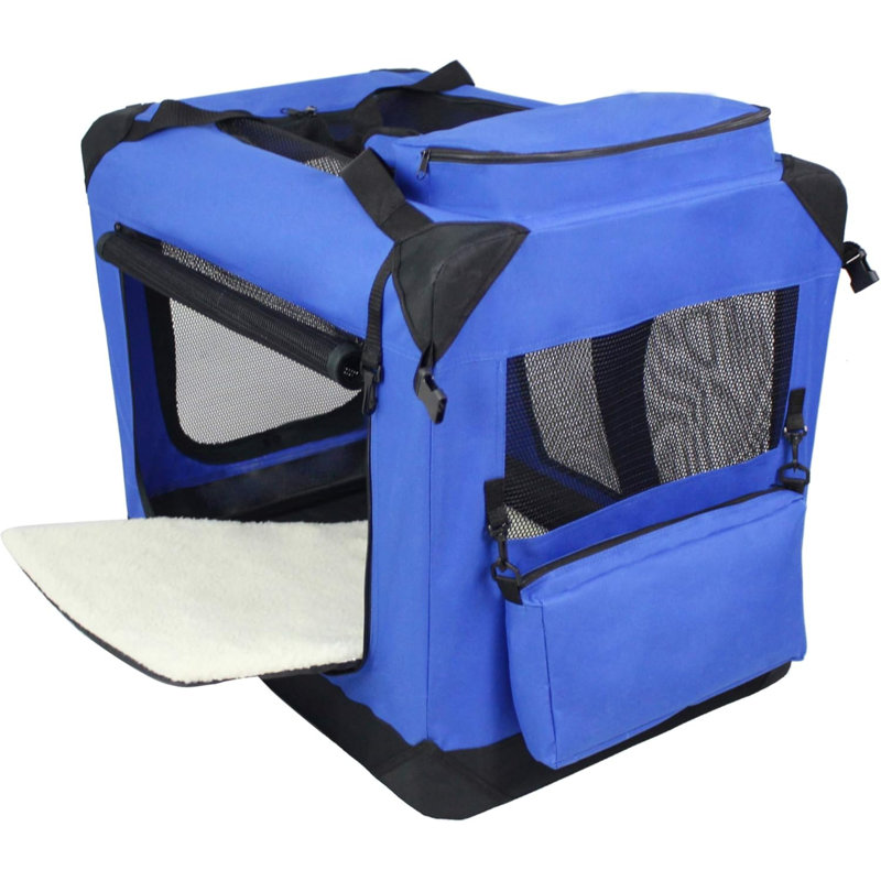 Cage pour chien pliante à 3 portes avec sac de transport et lit molletonné, H 14 po x l 14 po x P 20 po, Bleu